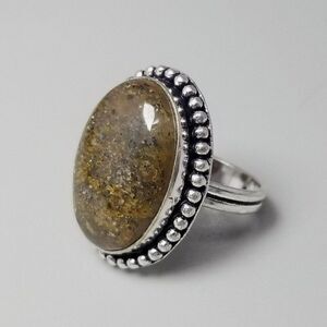 Vintage Oval Stone Cabochon Ring, Brown Green Color Silver Tone Size 6.5, Estate